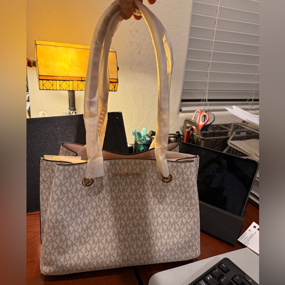 NWT Michael Kors Beige MK Logo Tote with Gold-Tone Accents
